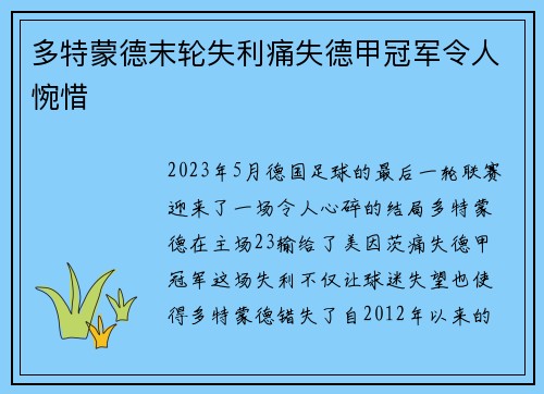 多特蒙德末轮失利痛失德甲冠军令人惋惜